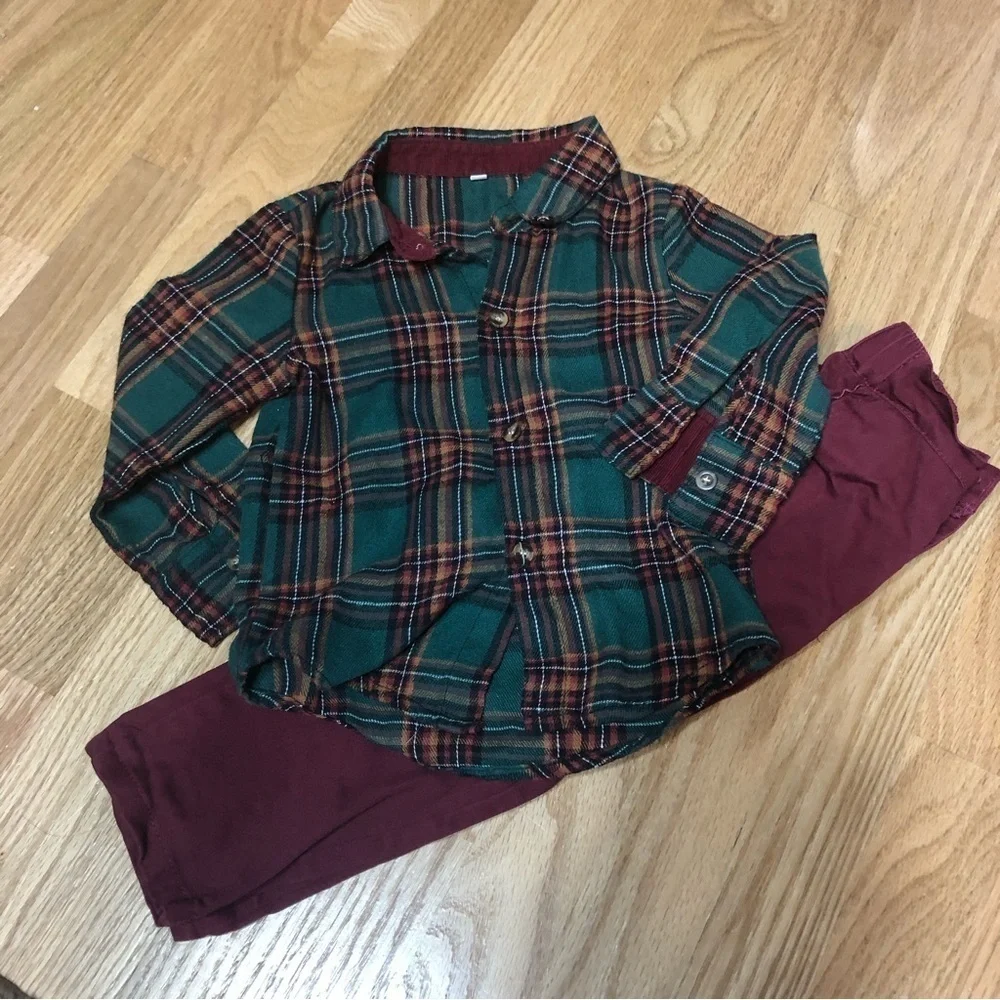 3T Plaid Christmas Outfit Boys Green Red Button Down Shirt Pants